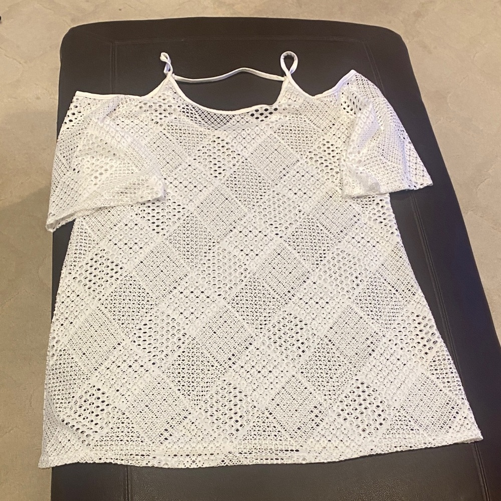 White Crochet Cold Shoulder bathing suit cover up